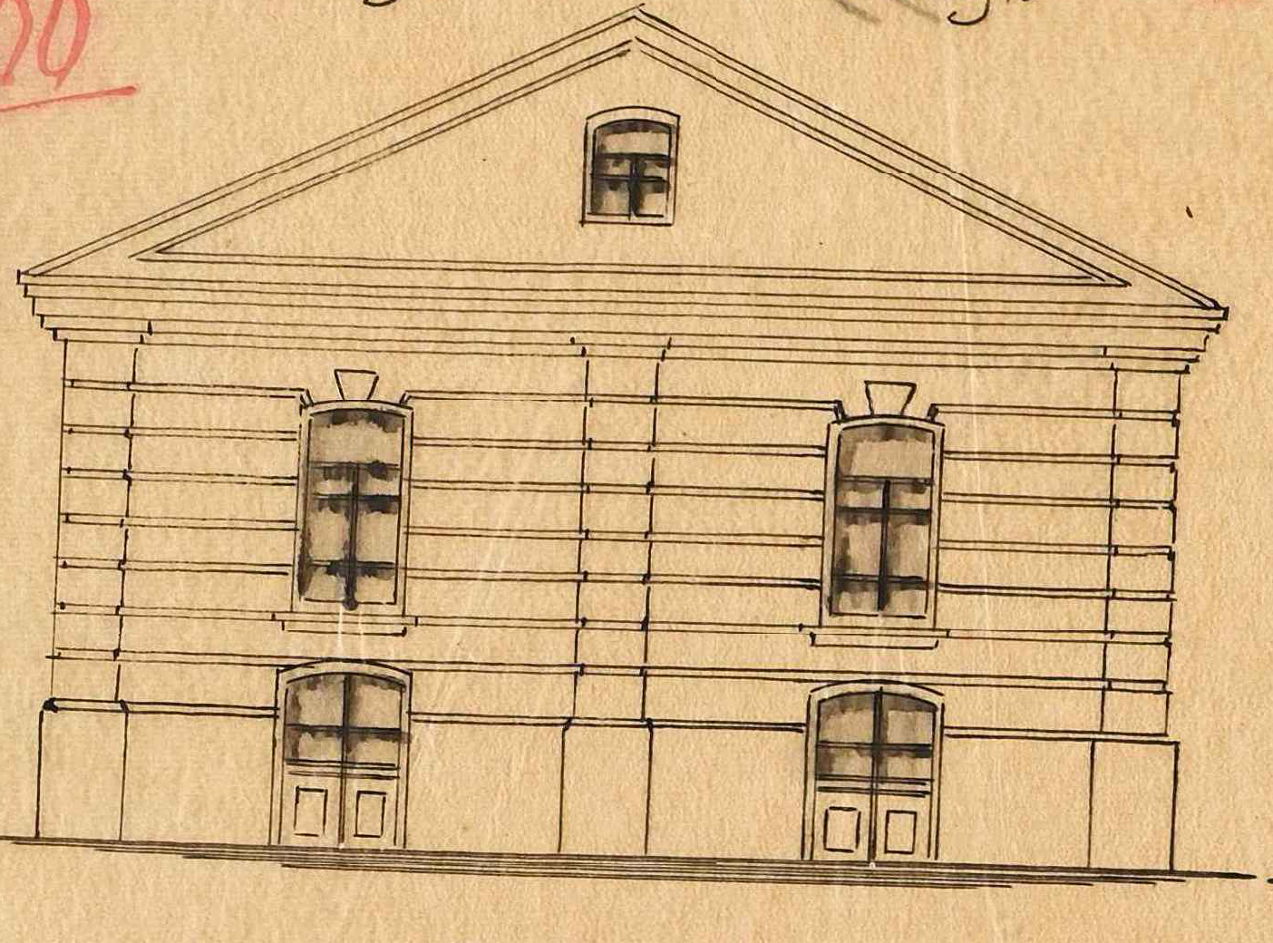 Historic architectural elevation drawing of a two-storey house