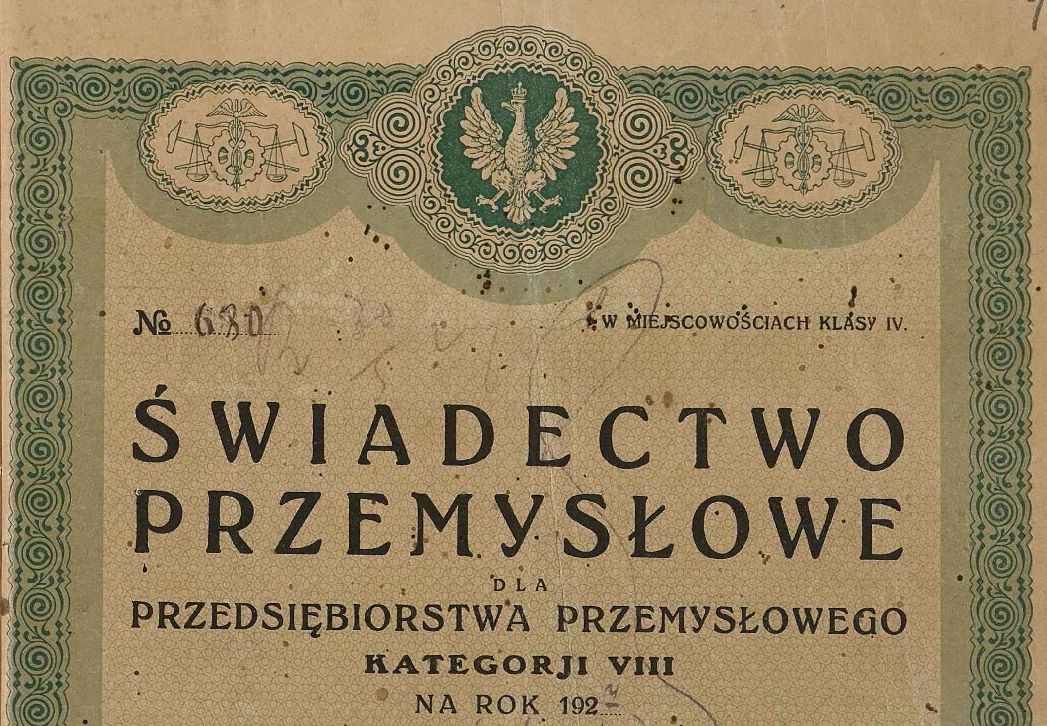 Historic Polish business certificate headed Świadectwo Przemysłowe
