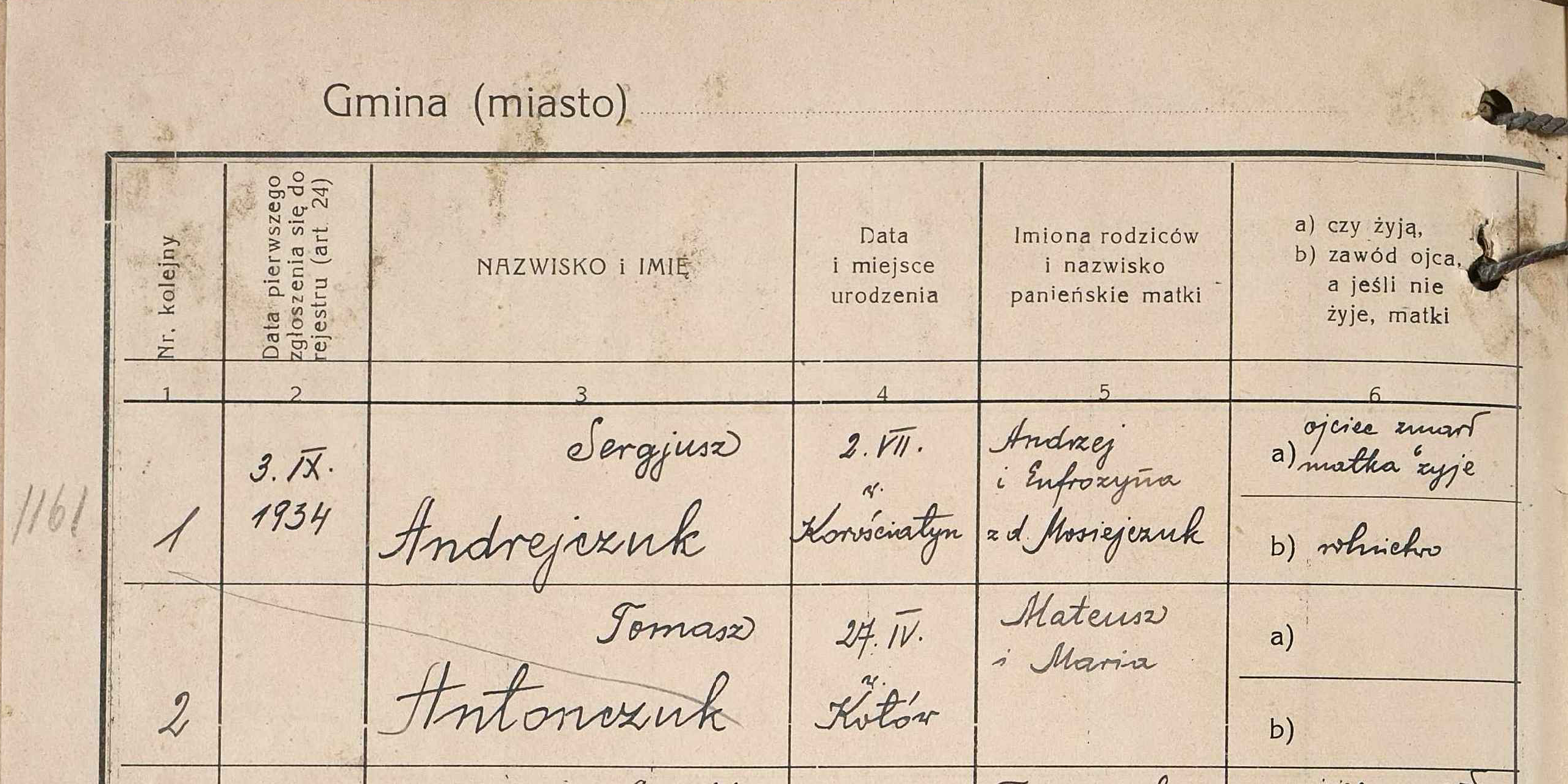 Printed column headings at the top of a Polish military draft register