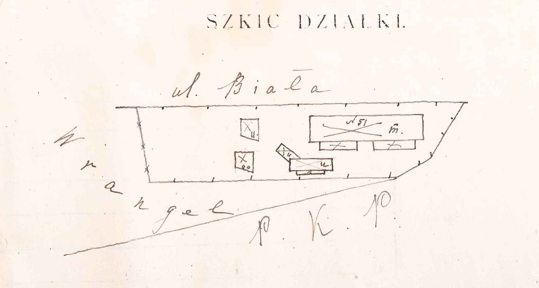 Historic hand-drawn property plot sketch showing buildings and boundaries